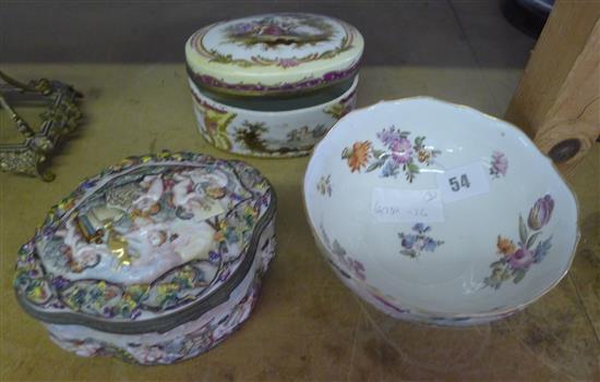 Capodimonte casket, bowl and another oval box